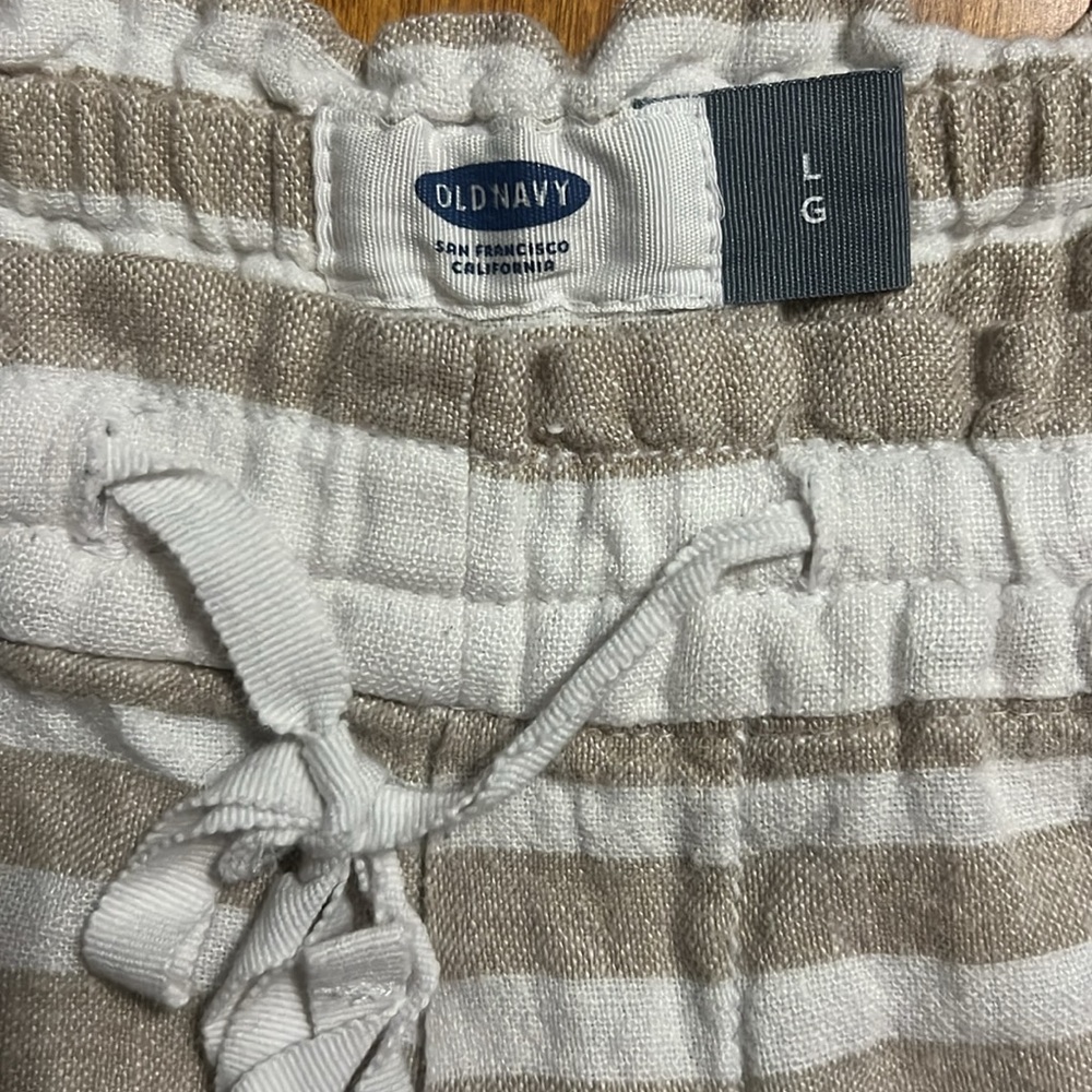 Old Navy Linen Blend High Waist Striped Shorts L Tan Cream Boho Coastal Beach - Picture 3 of 12